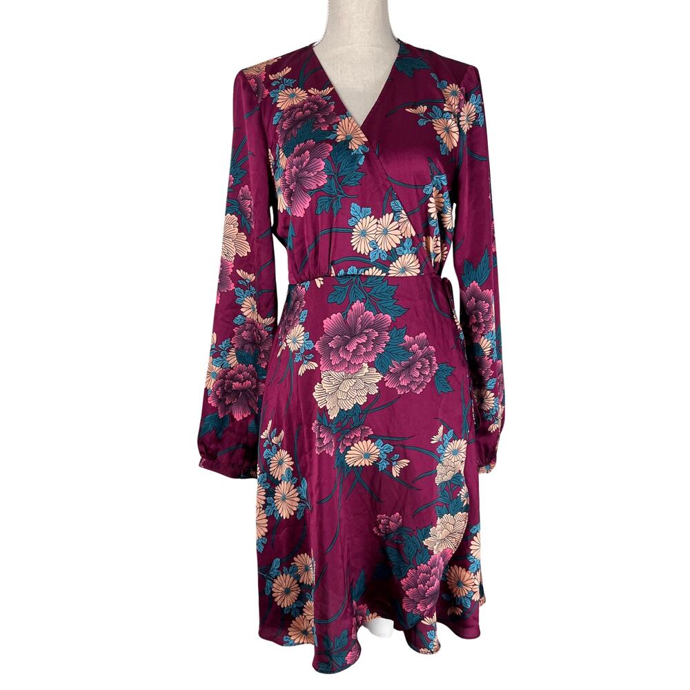 Lulus Love Is Life Floral Satin Mini Wrap Dress Wine Burgundy Floral Long Sleeve - Picture 2 of 10